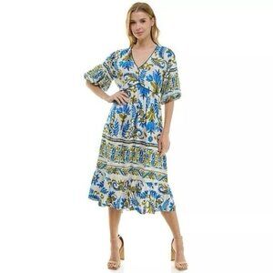 NWT FIG + FLOWER LINEN Blend Floral Paisley Tiered Puff Sleeve Midi Dress 2X‎